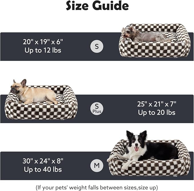 JOEJOY Dog Bed for Small Medium Dogs, Removable Washable Cover Orthopedic Soft Faux Rabbit Fur Pet Bed, Anti-Slip Fluffy Plush Puppy Bed, 25"x21"x7", Checkered, Brown
