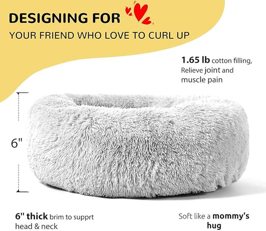 HACHIKITTY Calming Donut Cuddler Dog Bed, Round Fluffy Pet Bed for Small Dogs,Washable, Large, Gray, 24''