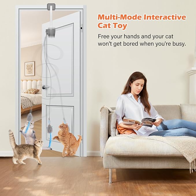 Rechargeable Electric Cat Teaser with Remote – Interactive Door Clip Teaser for Cats, 2 Motion Modes (360° Spin & Irregular Jumping), Smart Auto Cat Toy for Exercise & Fun (No Remote) (Grey)