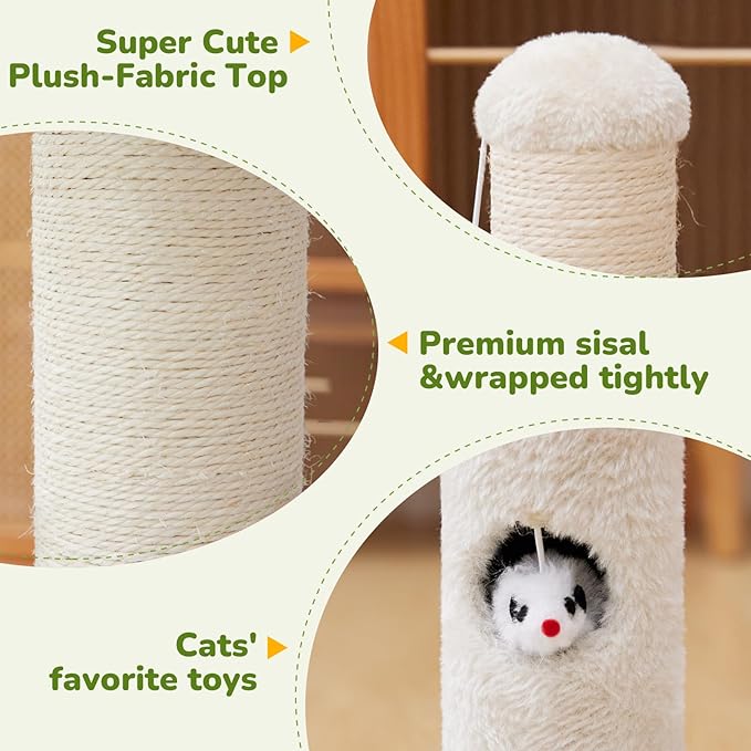 Woochpet Cat Scratching Post for Kitten, 23in Tall Cute Small Cat Scratching Post with Premium Sisal Rope and Dangling Cat Toy Balls (White