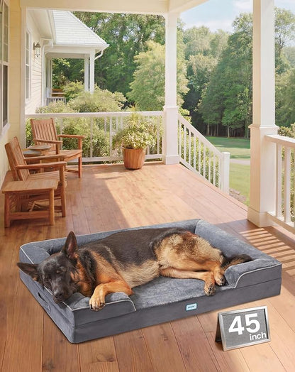 OhGeni Orthopedic Dog Bed Couch Big Cat Sofa for Extra Large Sized Pets with Memory Foam, Machine-Washable Waterproof Removable Cover, Soft Comfortable Fabric, 45-inch (Gray)