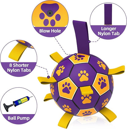 QDAN Dog Ropes Toys, Soccer Ball with Straps, Interactive Dog Toys for Tug of War, Dog Water Toy, Durable Balls for Medium Large Dogs（8 Inch）