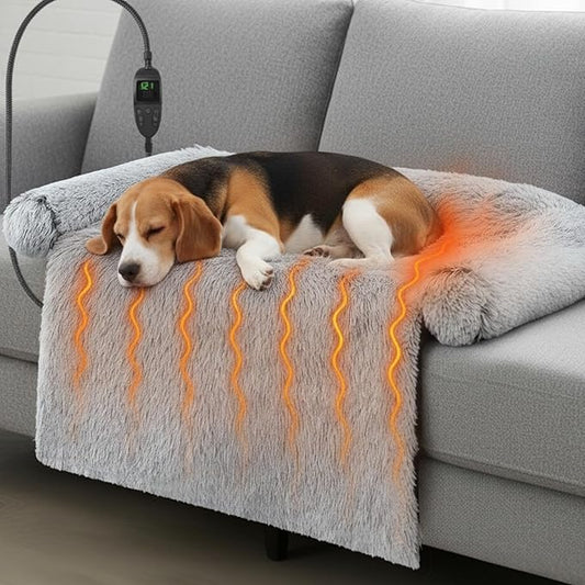 Heated Dog Couch Bed for Medium Size Dog Adjustable Temperature & Timer 35 x 31 x 6 in Calming Plush Fur Pet Bed Couch Cover with Electric Heating Pad Fluffy Plush Sofa Mat for Medium Small Dogs Cats