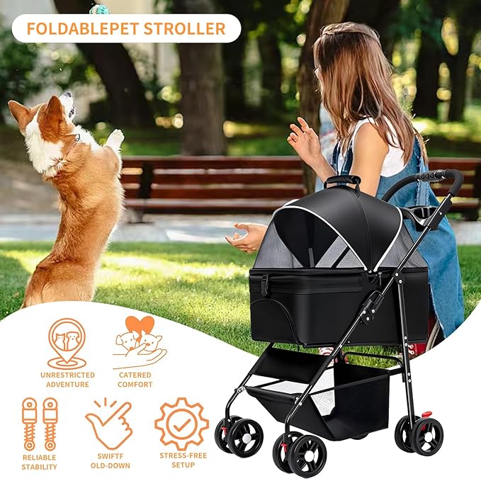 3-in-1 Pet Stroller for Small/Medium Dogs Cats,4 Wheels,Detachable Carrier Basket,Breathable Mesh,Storage Basket,Cup Holder,Weather Cover,Black