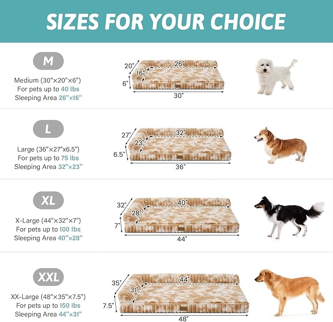 COZY KISS Large Dog Bed, Faux Rabbit Fur Orthopedic Foam Dog Bed with Sides, Removable Washable Cover & Waterproof Lining, Comfortable Pet Couch for Large Dogs, Tie-Dye Brown (44" L x 32" W x 7" Th)