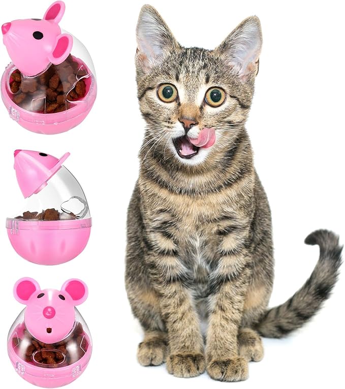 Cat Food Ball Dispenser - 4 Pcs Slow Feeder Mice Shaped Tumbler Toy for Interactive Training (Pink, White)