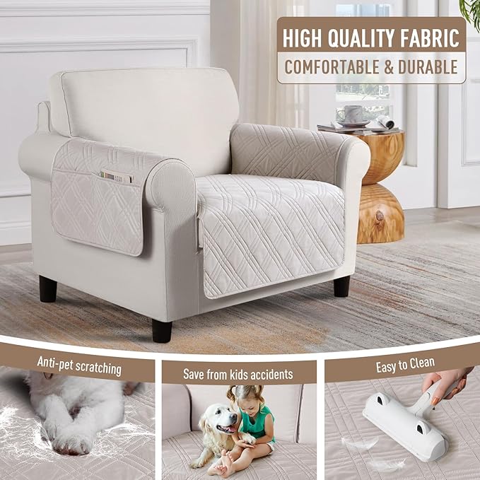 TAOCOCO Waterproof Chair Covers for Pets Dogs with Non Slip Backing, Chair Seat Covers with Side Pocket for 1 Seater Couch Washable Dog Couch Cover Protector Sofa Slipcovers(Chair, Cream)