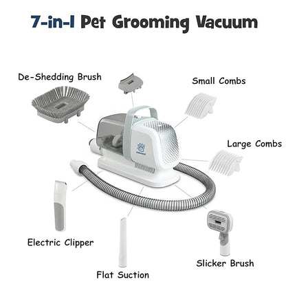 Dog Grooming Vacuum - Pet Hair Trimmer, Dog Hair Clippers and Nail Grinder with 7 Attachments - All-in-One Pet Grooming Kit with 3-Level Suction and Speed Settings with Temperature Control Protection