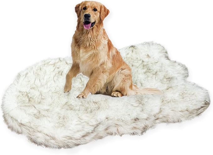 Laifug Luxury Faux Fur Orthopedic Dog Bed, Memory Foam Dog Bed, Suitable for Medium, Large and Extra Large Pets, Waterproof, Removable and Washable Cover (White with Brown Piping, 50x30 inches)