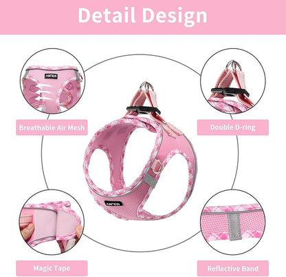 AMTOR Small Dog Harness with Leash Set, No Escape Easy Walk Puppy Harnesses for Training Walking, Step-in Reflective Soft Dogs Vest for XS S Medium Extra-Small Large Sized Dog(S Size,Pink/White)