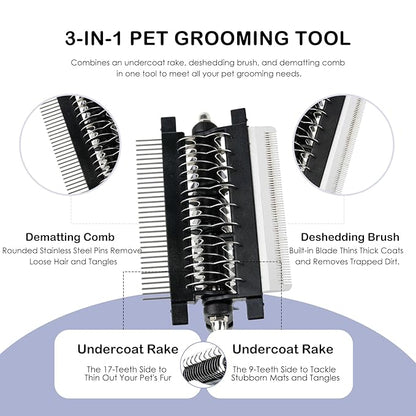 3-IN-1 Pet Deshedding and Grooming Tool, Grooming Brush for Dogs and Cats with Undercoat Rake & Dematting Comb for Matted Fur Removal Long and Short Haired Dogs Cats