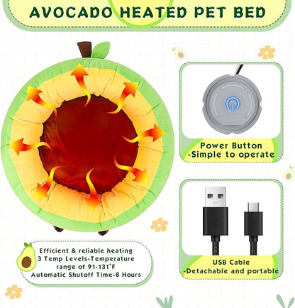Avocado Heated Cat Bed - Cute Round Dog Bed for Winter, Warming Pet Bed for Indoor Cats & Small Dogs, Washable Calming Nest with Heating Pad & Timer, Green Pet Heating Pad for Cats and Dogs