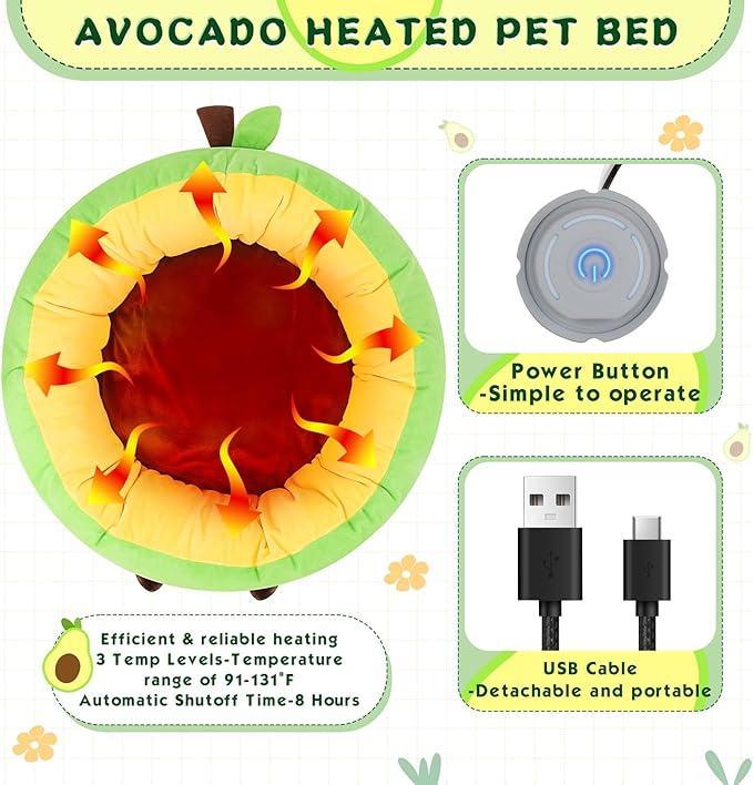Avocado Heated Pet Bed for Cats & Dogs, Warming Cat Nest with Timer & Temp Adjustable Heating Pad