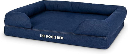 The Dog’s Bed Orthopedic Memory Foam Dog Bed with Bolsters for Large Dogs, Waterproof Washable Cover, Anti-Slip Base, Calming Surface – CertiPUR-Certified Foam, Denim Fabric, Blue Denim, Large