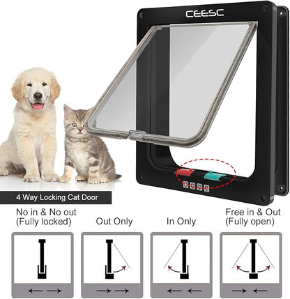 CEESC Extra Large Cat Door (Outer Size 11" x 9.8"), 4 Way Locking Large Cat Door for Interior Exterior Doors, Weatherproof Pet Door for Cats & Doggie with Circumference < 24.8" (Black)