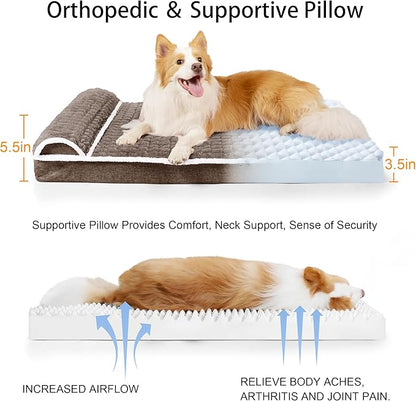 Orthopedic Dog Bed Large Sized Dog with Pillow 36''X24'', Waterproof Soft Comfortable Egg Crate Foam Pet Crate Beds Mat with Removable Washable Cover and Non-Slip Bottom, Taupe