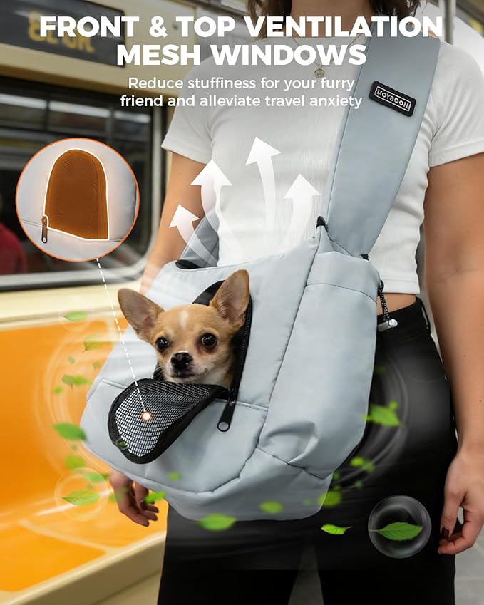 Pet Sling Carrier for Small Dogs Up to 7 lb, Stylish Versatile Soft Dog Sling Carrier with Widened Padded Adjustable Shoulder, Safety Buckle and Breathable Anti-Scratch Mesh for Travel, Grey