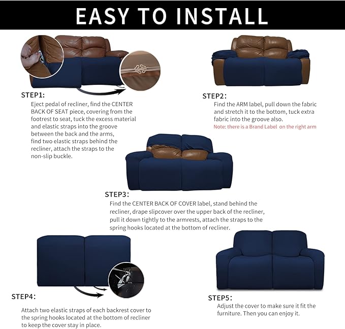 Easy-Going 100% Dual Waterproof Recliner Loveseat Cover, 6-Pieces Stretch Relining Sofa Cover with Pocket, Jacquard 2 Seat Sofa Slipcover Leakproof Washable (Loveseat, Navy)