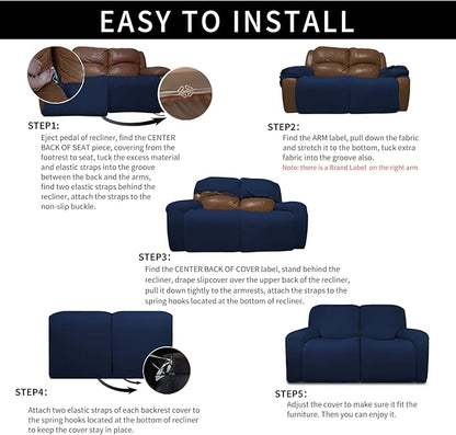 Easy-Going 100% Dual Waterproof Recliner Loveseat Cover, 6-Pieces Stretch Relining Sofa Cover with Pocket, Jacquard 2 Seat Sofa Slipcover Leakproof Washable (Loveseat, Navy)