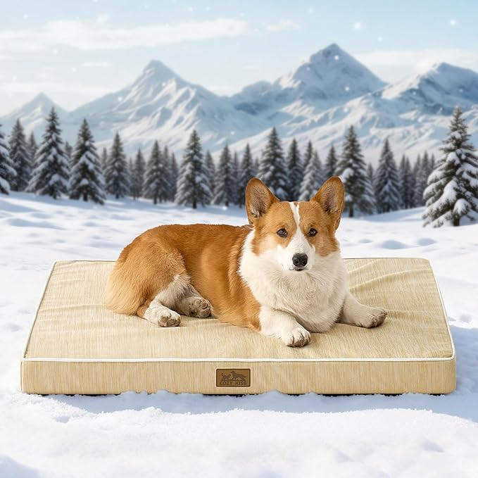 COZY KISS Cooling Dog Bed for Crate, Waterproof Orthopedic Dog Crate Mat with Removable Washable Cover, Egg Crate Foam Support Dog Bed, 36x27x3 Inch,Beige