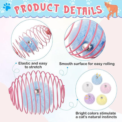 Jecery 5 Pcs Cat Spring Toys Stretchable Rolling Balls Colorful Playful Coils Interactive Action Toy Caged Rats for Kitten Pet Supplies (Pom-pom with Bell,Multicolor)