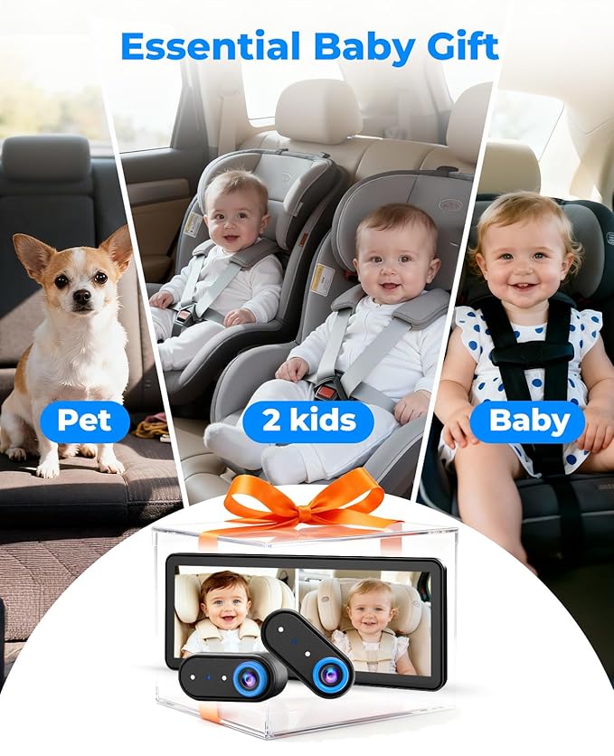 BM5PRO 7.2" 1080P HD Baby Car Camera for 2 Kids, Split Screen with IR Night Vision, Easy to Install & Adjust Brightness, Dual Car Camera Baby Monitor for Rear Seat Safety (Blue)