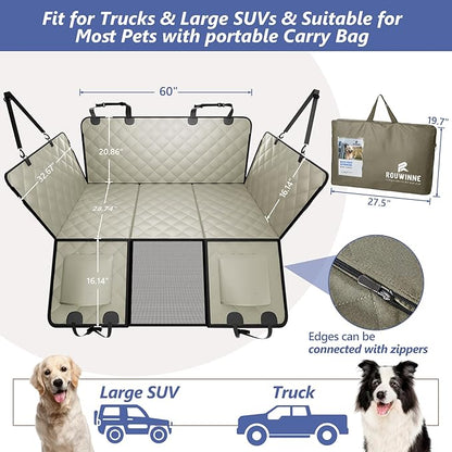 Back Seat Extender for Dogs Truck-Large Space, Dog Pet Seat Cover Back Seat Hard Bottom Holds 400lb, Waterproof Dog Hammock for Crew Cab Trucks F150, RAM1500, Sierra, Tundra, Silverado, Khaki