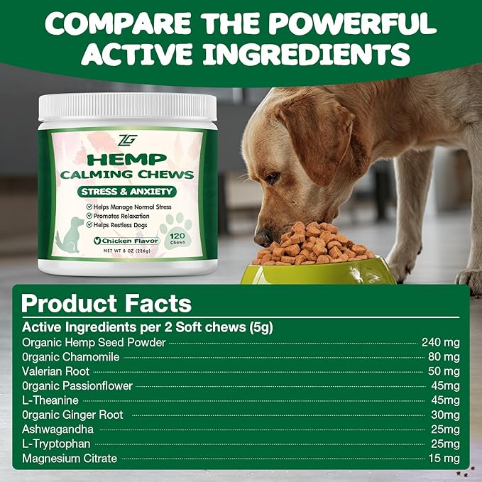 Calming Chews for Dogs, Dog Calming Chews - Anxiety Relief Treats - Dog Supplements Helps with Separation, Barking, Stress Relief, Composure, Promote Relaxation - Natural Ingredients