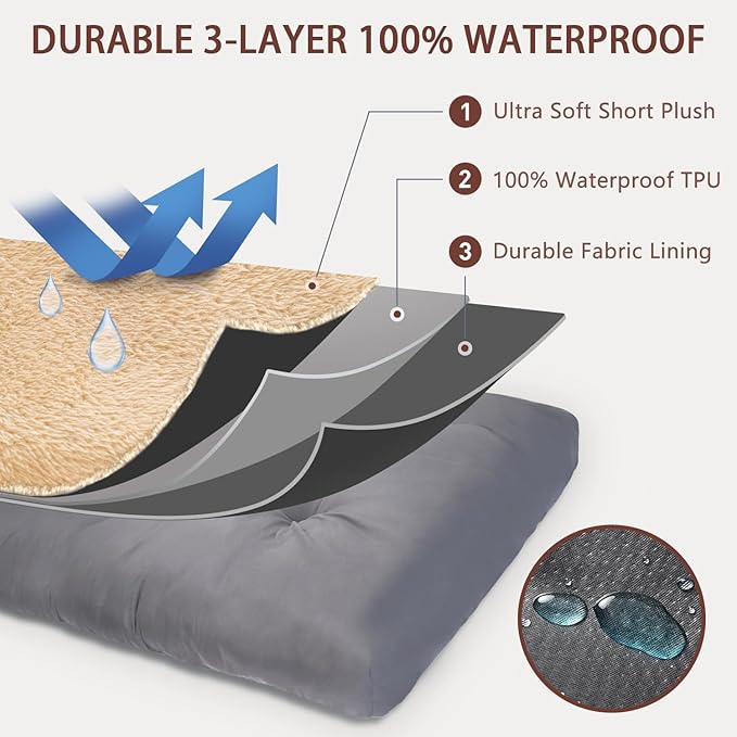 Dog Crate Bed Waterproof Deluxe Plush Dog Beds with Removable Washable Cover Anti-Slip Bottom Pet Sleeping Mattress for Large, Medium, Jumbo, Small Dogs, 41 x 27 inch, Brown