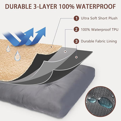 Dog Crate Bed Waterproof Deluxe Plush Dog Beds with Removable Washable Cover Anti-Slip Bottom Pet Sleeping Mattress for Large, Medium, Jumbo, Small Dogs, 47 x 29 inch, Brown