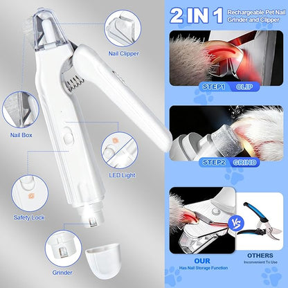 2-in-1 Dog Nail Clippers with Light - Electric Pet Nail Grinder Quiet for Small Large Dogs & Cats, LED Prevent Over Cutting, USB-C Rechargeable Safety Guard Grooming Kit for Black Nails