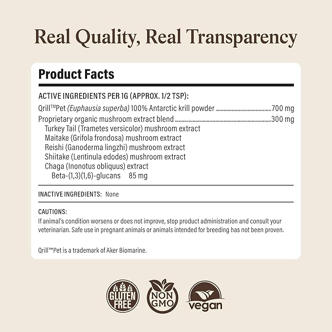 Real Mushrooms Pet Defenders with Krill - Dog Immune Support with Reishi, Turkey Tail, Shiitake, Maitake Organic Mushroom Extracts, Chaga - Daily Digestion and Immune Support for Dogs and Cats, 75g