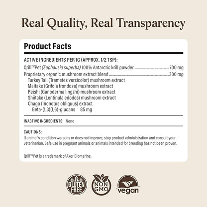 Real Mushrooms Pet Defenders with Krill - Dog Immune Support with Reishi, Turkey Tail, Shiitake, Maitake Organic Mushroom Extracts, Chaga - Daily Digestion and Immune Support for Dogs and Cats, 75g