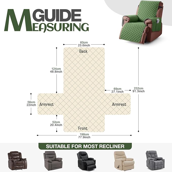 KinCam 100% Waterproof Recliner Chair Cover, Reclining Couch Covers for Pets, Dogs, Recliner Sofa Slipcover Furniture Protector with Elastic Straps for Kids(23.6", Vine Green)