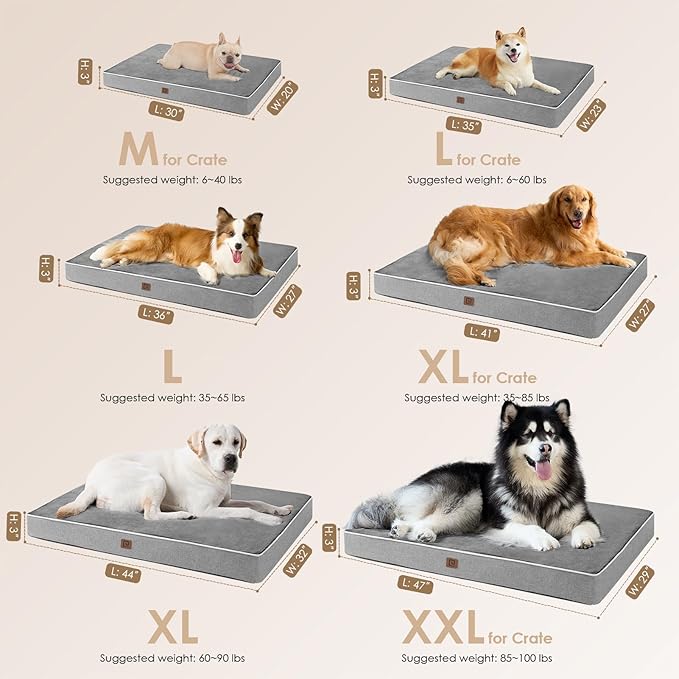 EHEYCIGA Orthopedic Dog Bed Waterproof 47"x29", Memory Foam Pet Bed for XXLarge Dog Bed, Washable Pet Mat with Removable Cover, Grey