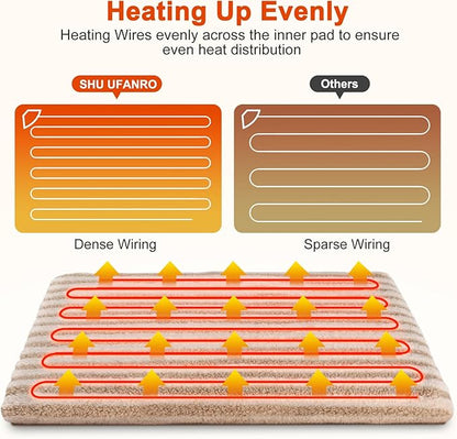 SHU UFANRO Pet Heating Pad, Waterproof Heated Cat Bed with 11 Adjustable Temperatures & 24H Timer, Auto Shut-Off, Chew-Resistant Cord, Washable Cover, Indoor Electric Heating Mat, Beige, S(18" x 16")
