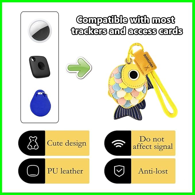 Leather Keychain Holder Case Compatible with AirTag,Cute Protective Cover with Keyring and Lanyard,Anti-Scratch Finder GPS Tracker Case for Wallet Keys,Bag,Pets,Backpack(Yellow Fish)