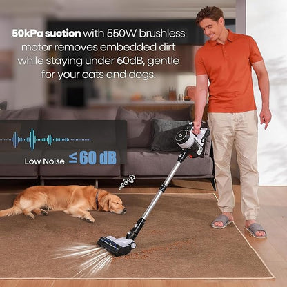 YONNDER Cordless Vacuum Cleaner, 550W 55KPA 70Mins Powerful Vacuum Cleaners for Home, with Anti-Tangle, LED Display Screen, Self-Standing Stick Vacuum for Hardwood Floors/Pet Hair/Carpet, M1