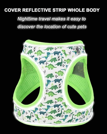 S Green Dinosaur Pattern Dog Harness and Leash Set,No Escape Puppy Harnesses for Training Walking，Breathable Adjustable Puppy Vest for Small Medium Dogs, Cats (Green, S)