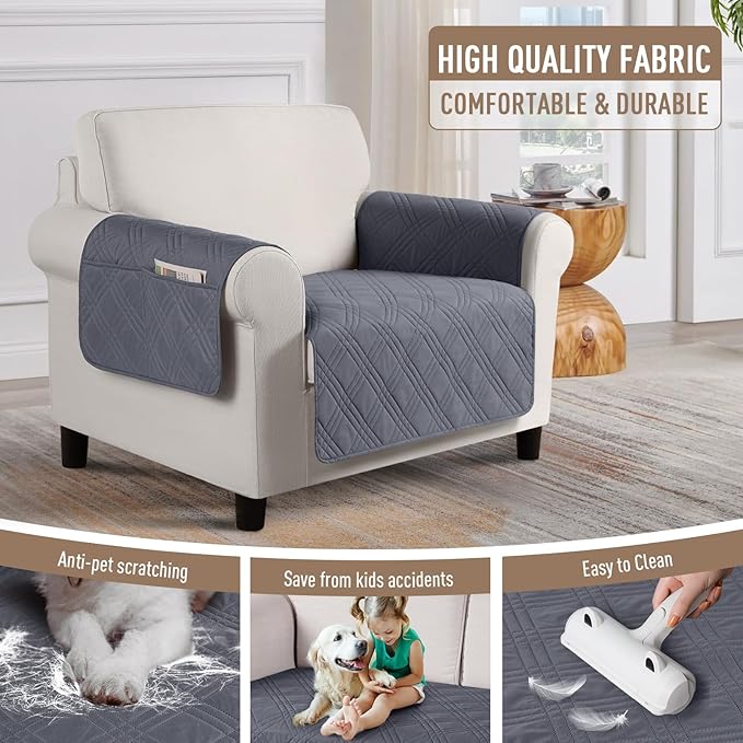 TAOCOCO Waterproof Chair Covers for Pets Dogs with Non Slip Backing, Chair Seat Covers with Side Pocket for 1 Seater Couch Washable Dog Couch Cover Protector Sofa Slipcovers(Chair, Dark Grey)
