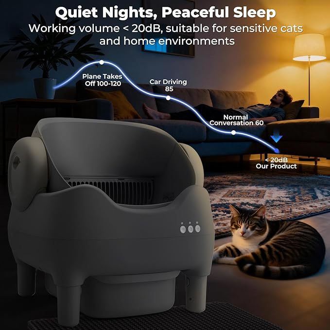 KITPLUS Self Cleaning Litter Box, Automatic Cat Litter Box with APP Control, Odor-Free Waste Disposal Includes Trash Bags, Large Waste Bin, Open-Top, for Multiple Cats