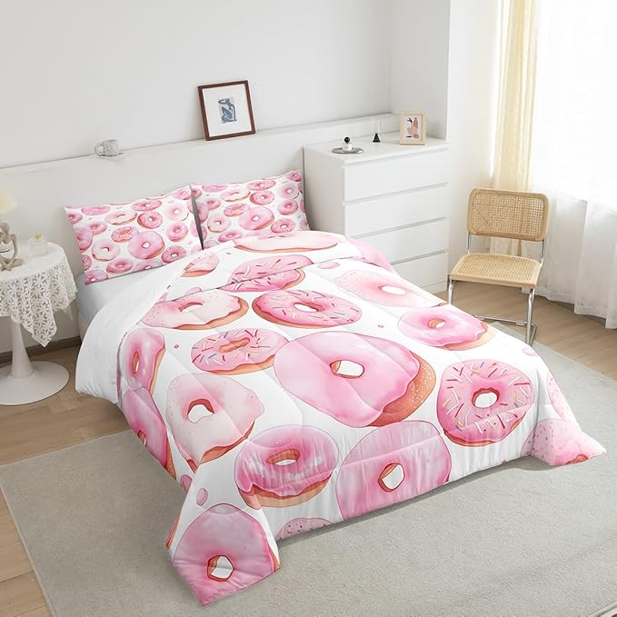 Erosebridal Cartoon Donut Bedding Sets Twin Dessert Cake Down Comforter,White and Pink Quilt Set for Kids Toddler and Girls Cartoon Style Quilted Comforter Lightweight Soft Room Decorative 2 Piece