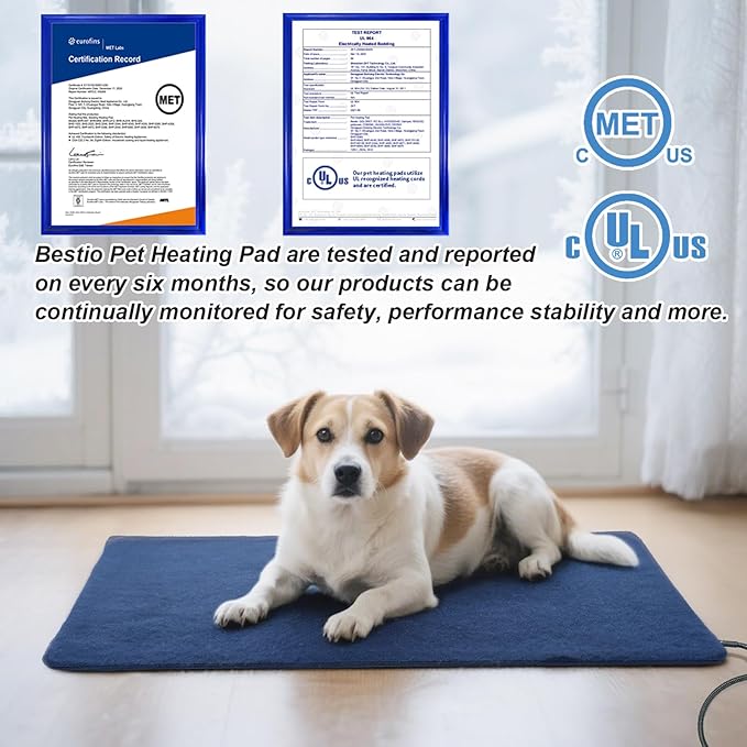 Bestio Large Dog Heating Pad,34x21 in Heated Dog Bed with Constant Heat MET&UL Certified Pet Heating Pad,Chew-Resistant Cord,Waterproof Washable Cover - Blue