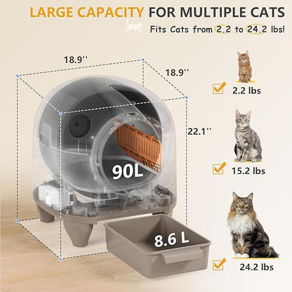 WARCAT Self Cleaning Litter Box Automatic, 90 L Automatic Cat Litter Box for Multiple Cats APP-Controlled with Smart Sensors, Safety Protection,Mat,1 Roll Garbage Bag (Brown)
