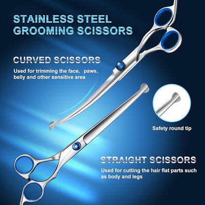 Professional Dog Grooming Scissors Set, 8-in-1 Stainless Steel Pet Grooming Kit with Hair Comb, Nail Clipper & Brush for Dogs, Cats at Home