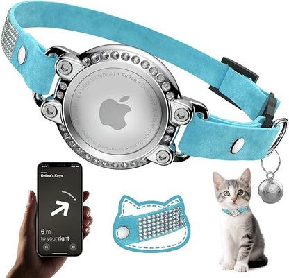 AirTag Cat Collar Breakaway, Diamond Microfiber Cat Collars with Apple Air Tag Holder and Bell, Adjustable Comfortable GPS Tracker Cat Collar for Girl Boy, Kittens, Puppies (Blue)
