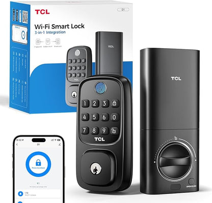 TCL D1 Wi-Fi Smart Lock, Fingerprint Door Lock, Keyless Entry Keypad Deadbolt Lock for Front Door, Built-in WiFi, Auto Lock, Voice Control, Easy Installation, 8 Months Battery (Black)