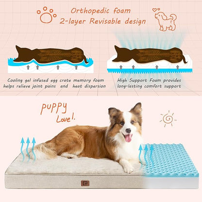 EHEYCIGA Waterproof Dog Bed Memory Foam 36x27, Orthopedic Dog Beds Mat for Large Dogs with Removable Cover, Beige