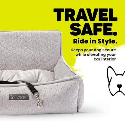 Nandog Pet Gear Luxury Dog Car Seat Bed w/Removable & Washable Pad Insert & Thick Car Seatbelt Straps - Secure, Comfortable, Easy-to-Clean Pet Carrier (Light Grey, 18" L x 16" W in)