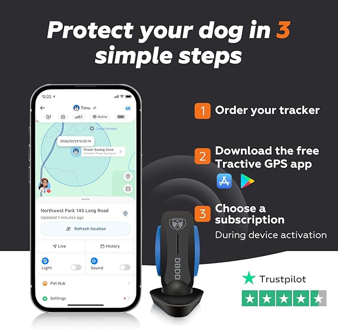 DBDD AI GPS Tracker for Dogs (30lbs+), Real Time Location and AI Health Assistant, Electronic Fence, Waterproof, iOS and Android Universal (D5-Black)